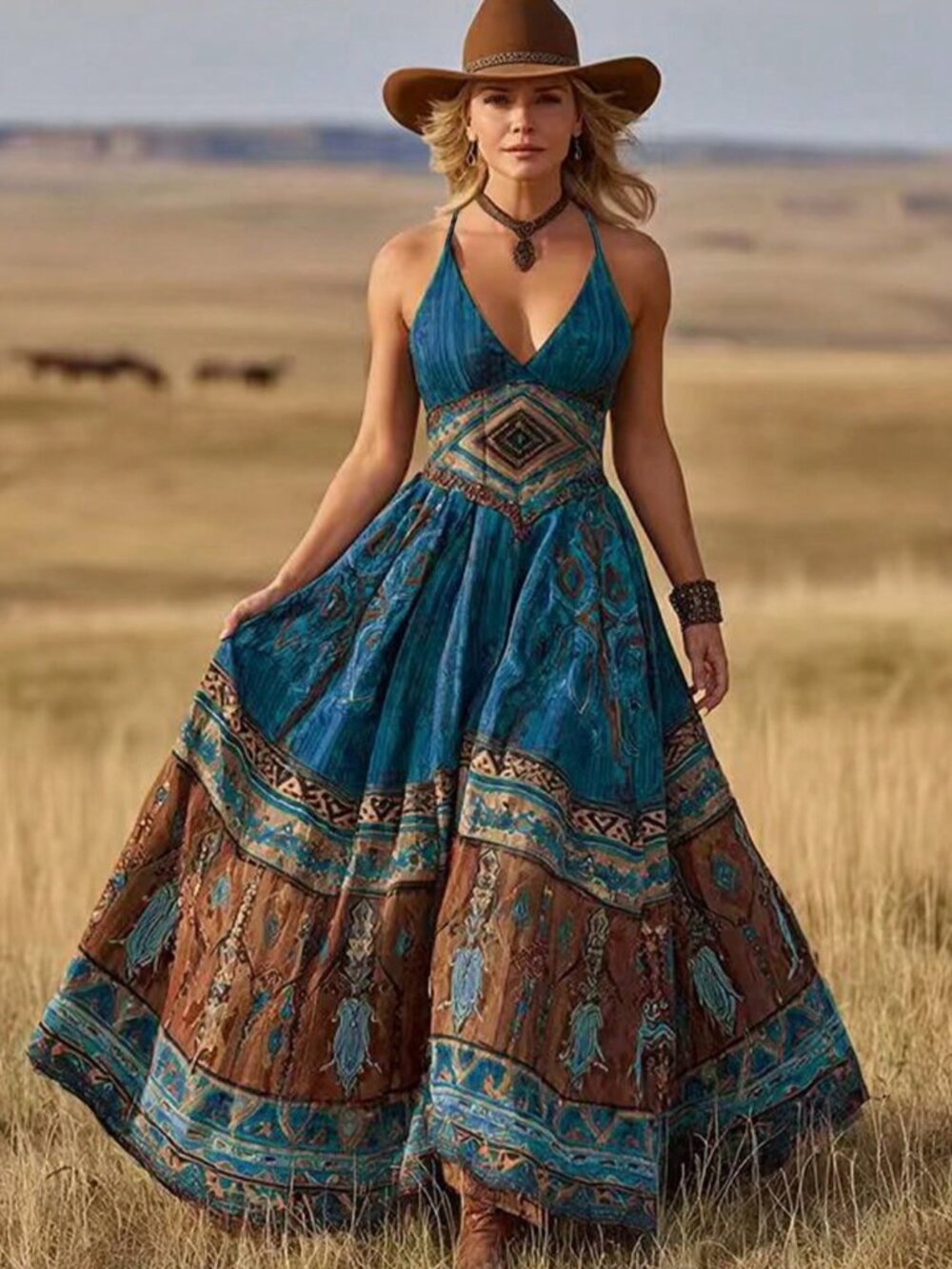 Teal Boho Southwestern Paisley Halter Maxi Dress
